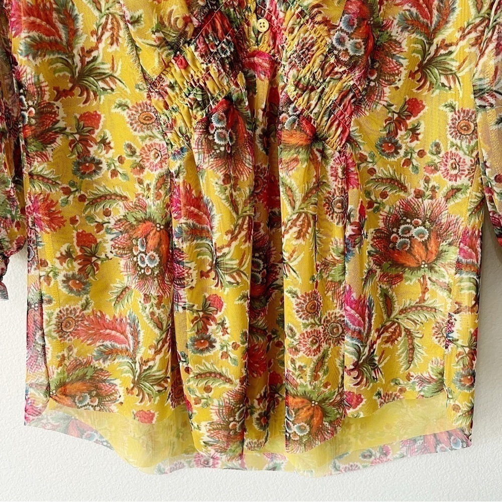 By Anthropologie Medium Gretchen Smocked Floral Print Tunic Top Mesh Mustard - Picture 5 of 11
